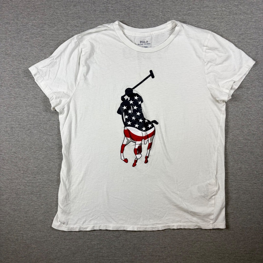 Polo Ralph Lauren T-Shirt Boys L White Big Pony American Flag Stars and Stripes
